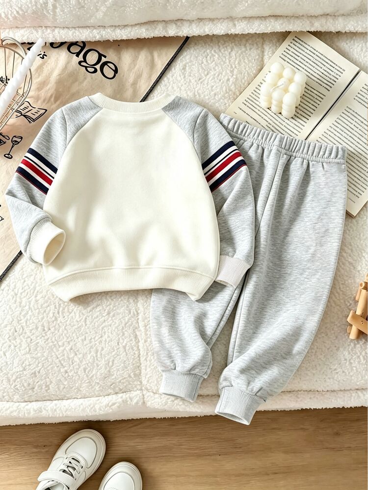 Baby Boys Casual Fashion Comfortable Minimalist Versatile Personalized Retro Colorblock Equestrian Icon Print All-Over Print Crew Neck Sweatshirt And Sweatpants Set, Suitable For Outings And Sports - Multicolor - View 2