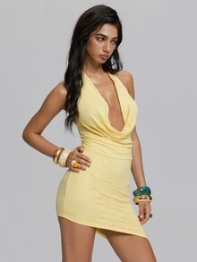 TypaGal Vestido mini sexy de unicolor con escote pronunciado, espalda descubierta y lazo para citas y fiestas - Amarillo - Ver 4