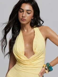 TypaGal Vestido mini sexy de unicolor con escote pronunciado, espalda descubierta y lazo para citas y fiestas - Amarillo - Ver 6