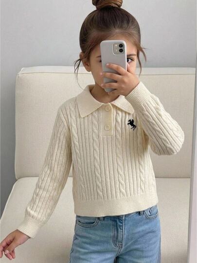 SHEIN Young Girl Young Girl Casual Apricot Color Turn-Down Collar College Style Versatile Embroidered Detail Sweater, Autumn Winter Pullover Back To School Long Sleeve Top Automne Hiver 2026