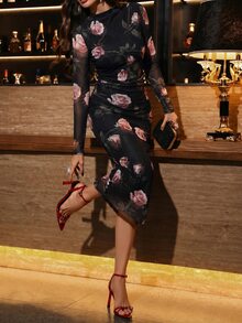 Amorya 女款花卉印花百褶休閒性感派對夜生活約會旅行中長洋裝，黑色與粉色，秋季 - 咖啡棕 - 查看 7
