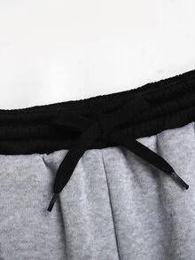 SHEIN 青少年女孩淺灰色拼色腰部開學季學院風休閒黑色鬆緊腰寬腿運動休閒褲冬季 - 淺灰色 - 查看 5