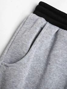 SHEIN 青少年女孩淺灰色拼色腰部開學季學院風休閒黑色鬆緊腰寬腿運動休閒褲冬季 - 淺灰色 - 查看 6