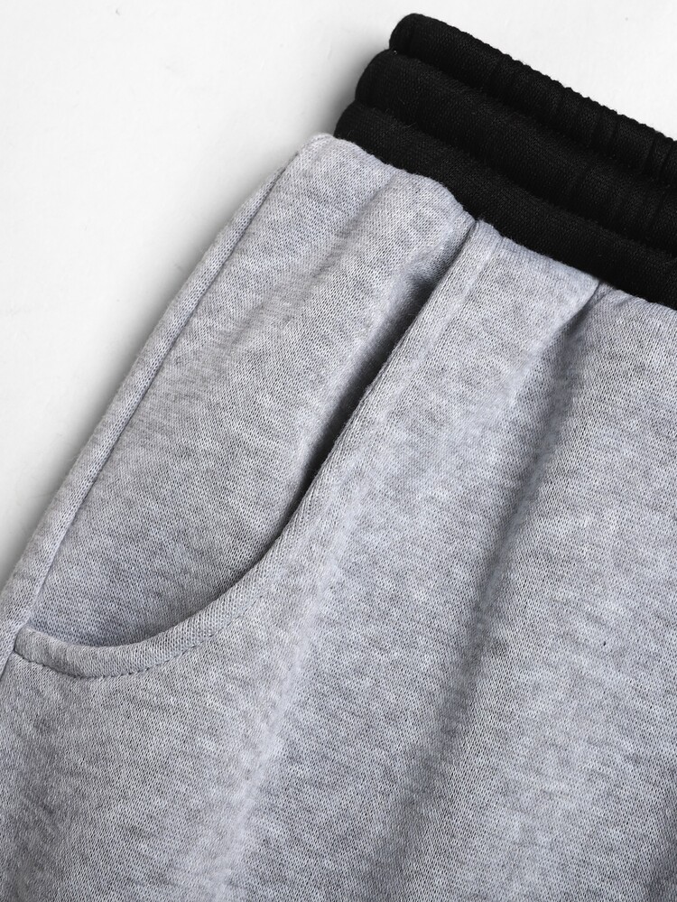 SHEIN Teen Girl Teen Girls Light Grey Color Block Waist Back To School Preppy Casual Black Elastic Waistband Wide Leg Sporty Sweatpants Winter - Light Grey - View 6