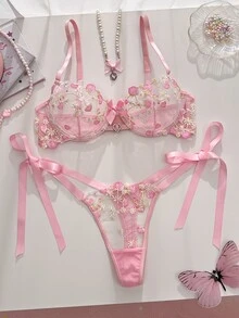 FairyFlirt Sweet Girl Cute Pink Mesh Embroidered Thin Bra With Heart Rhinestone Decor, Silky Bow Tie Panty Ladies Lingerie Set - Pink - View 1