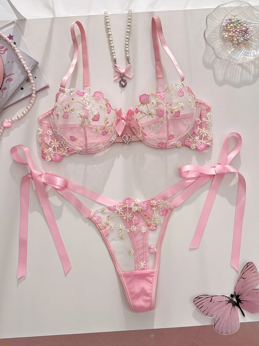 FairyFlirt Sweet Girl Cute Pink Mesh Embroidered Thin Bra With Heart Rhinestone Decor, Silky Bow Tie Panty Ladies Lingerie Set - Pink - View 1