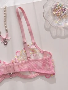 FairyFlirt Sweet Girl Cute Pink Mesh Embroidered Thin Bra With Heart Rhinestone Decor, Silky Bow Tie Panty Ladies Lingerie Set - Pink - View 6