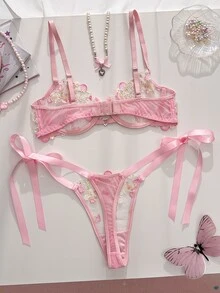 FairyFlirt Sweet Girl Cute Pink Mesh Embroidered Thin Bra With Heart Rhinestone Decor, Silky Bow Tie Panty Ladies Lingerie Set - Pink - View 2