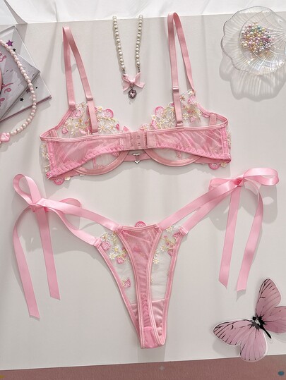 FairyFlirt Sweet Girl Cute Pink Mesh Embroidered Thin Bra With Heart Rhinestone Decor, Silky Bow Tie Panty Ladies Lingerie Set