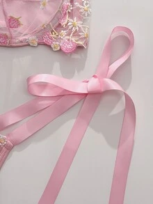 FairyFlirt Sweet Girl Cute Pink Mesh Embroidered Thin Bra With Heart Rhinestone Decor, Silky Bow Tie Panty Ladies Lingerie Set - Pink - View 5