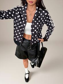 SHEIN PETITE Women's Fall Jacket, Black And White Polka Dot, Casual Loose High Neck Single Zipper Side Tape, Street Style, Halloween Going Out Everyday Travel - Black and White - View 6
