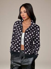SHEIN PETITE Women's Fall Jacket, Black And White Polka Dot, Casual Loose High Neck Single Zipper Side Tape, Street Style, Halloween Going Out Everyday Travel - Black and White - View 5