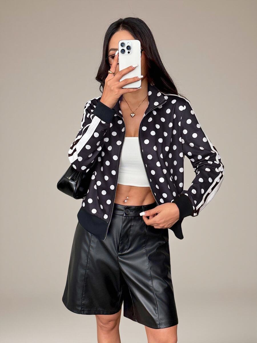 SHEIN PETITE Women's Fall Jacket, Black And White Polka Dot, Casual Loose High Neck Single Zipper Side Tape, Street Style, Halloween Going Out Everyday Travel - Black and White - View 1