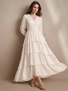 Anewsta Women's Cream White Satin Elegant Cinched Waist V-Neck Petal Sleeve Multi-Layer Wavy Ruffle Hem Maxi Dress, Romantic Garden Brunch Wedding Autumn - Apricot - View 7