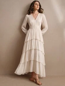 Anewsta Women's Cream White Satin Elegant Cinched Waist V-Neck Petal Sleeve Multi-Layer Wavy Ruffle Hem Maxi Dress, Romantic Garden Brunch Wedding Autumn - Apricot - View 5
