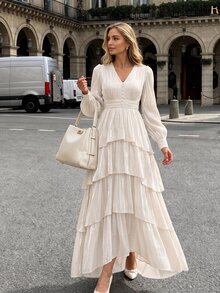 Anewsta Women's Cream White Satin Elegant Cinched Waist V-Neck Petal Sleeve Multi-Layer Wavy Ruffle Hem Maxi Dress, Romantic Garden Brunch Wedding Autumn - Apricot - View 2
