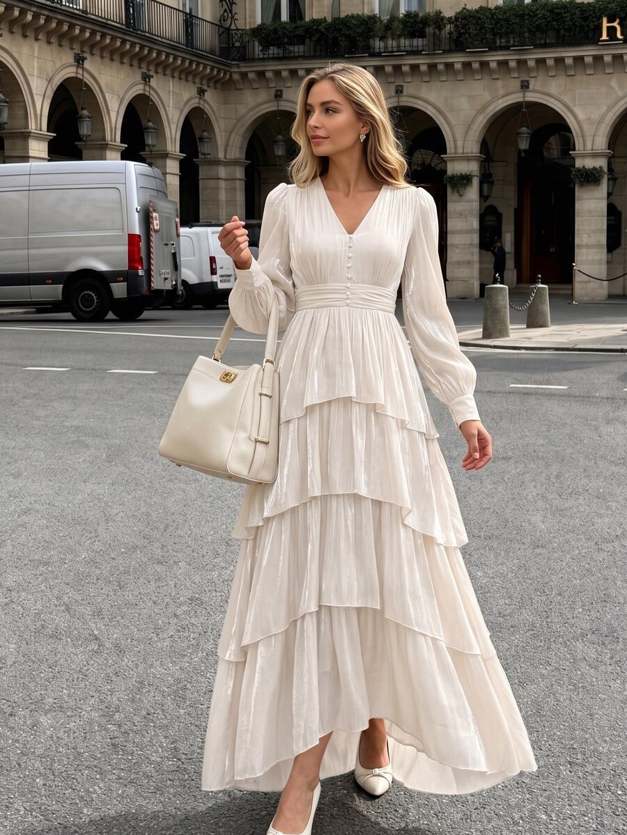 Anewsta Women's Cream White Satin Elegant Cinched Waist V-Neck Petal Sleeve Multi-Layer Wavy Ruffle Hem Maxi Dress, Romantic Garden Brunch Wedding Autumn