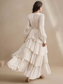 Anewsta Women's Cream White Satin Elegant Cinched Waist V-Neck Petal Sleeve Multi-Layer Wavy Ruffle Hem Maxi Dress, Romantic Garden Brunch Wedding Autumn - Apricot - View 9