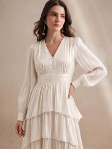 Anewsta Women's Cream White Satin Elegant Cinched Waist V-Neck Petal Sleeve Multi-Layer Wavy Ruffle Hem Maxi Dress, Romantic Garden Brunch Wedding Autumn - Apricot - View 3