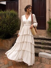 Anewsta Women's Cream White Satin Elegant Cinched Waist V-Neck Petal Sleeve Multi-Layer Wavy Ruffle Hem Maxi Dress, Romantic Garden Brunch Wedding Autumn - Apricot - View 4