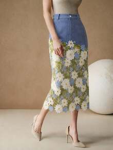 Anewsta 春夏清新田園風丹寧拼接花卉蕾絲女款日常通勤約會度假裙 - 藍色 - 查看 3
