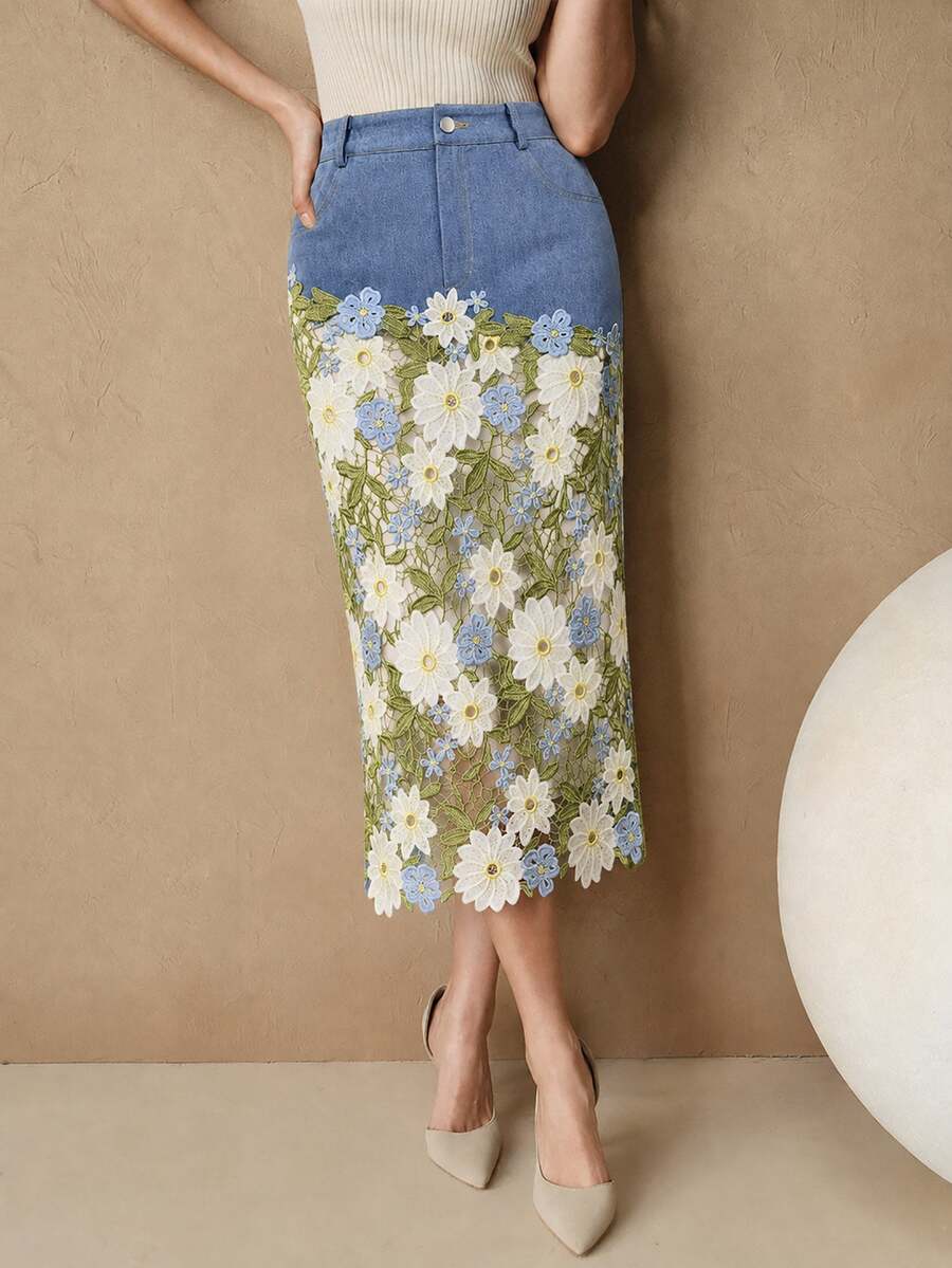Anewsta 春夏清新田園風丹寧拼接花卉蕾絲女款日常通勤約會度假裙 - 藍色 - 查看 1