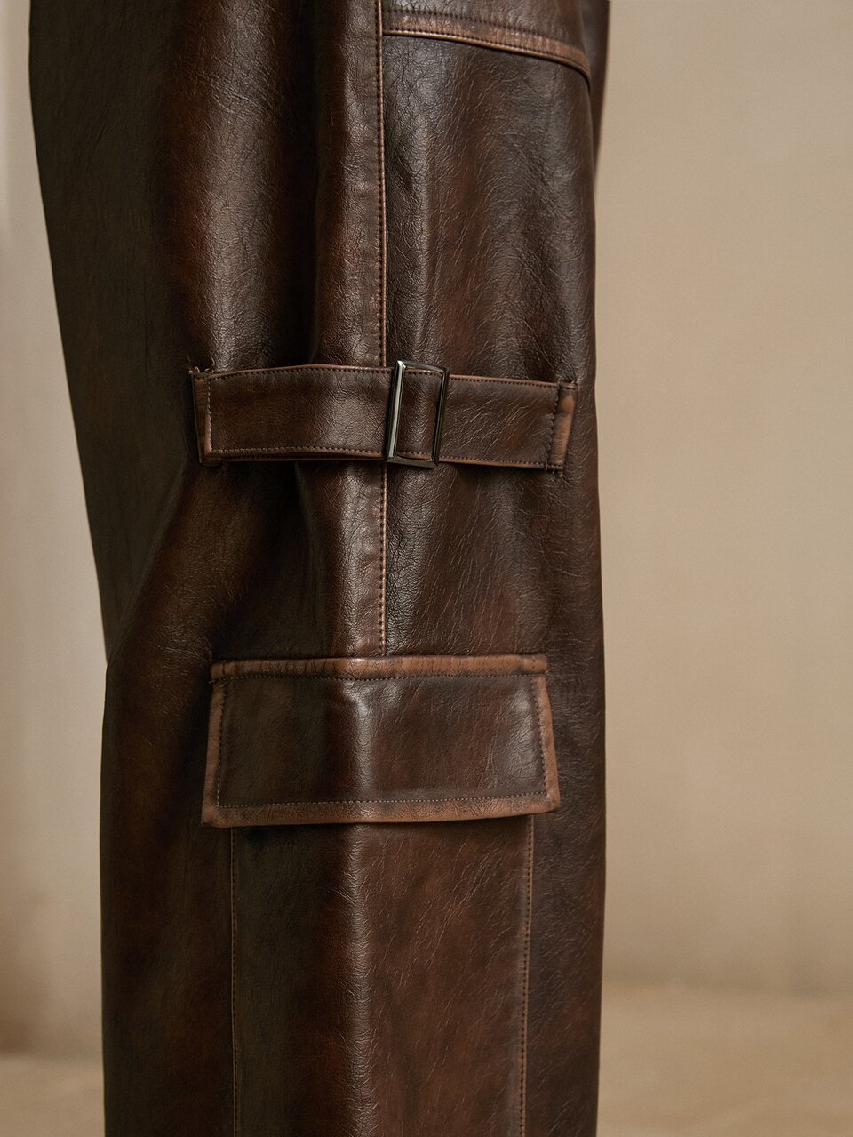 Anewsta Autumn/Winter Coffee Brown Leather Long Pants, Maillard Fashion Commute Versatile Vintage Distressed Cargo PU Women's Long Pants