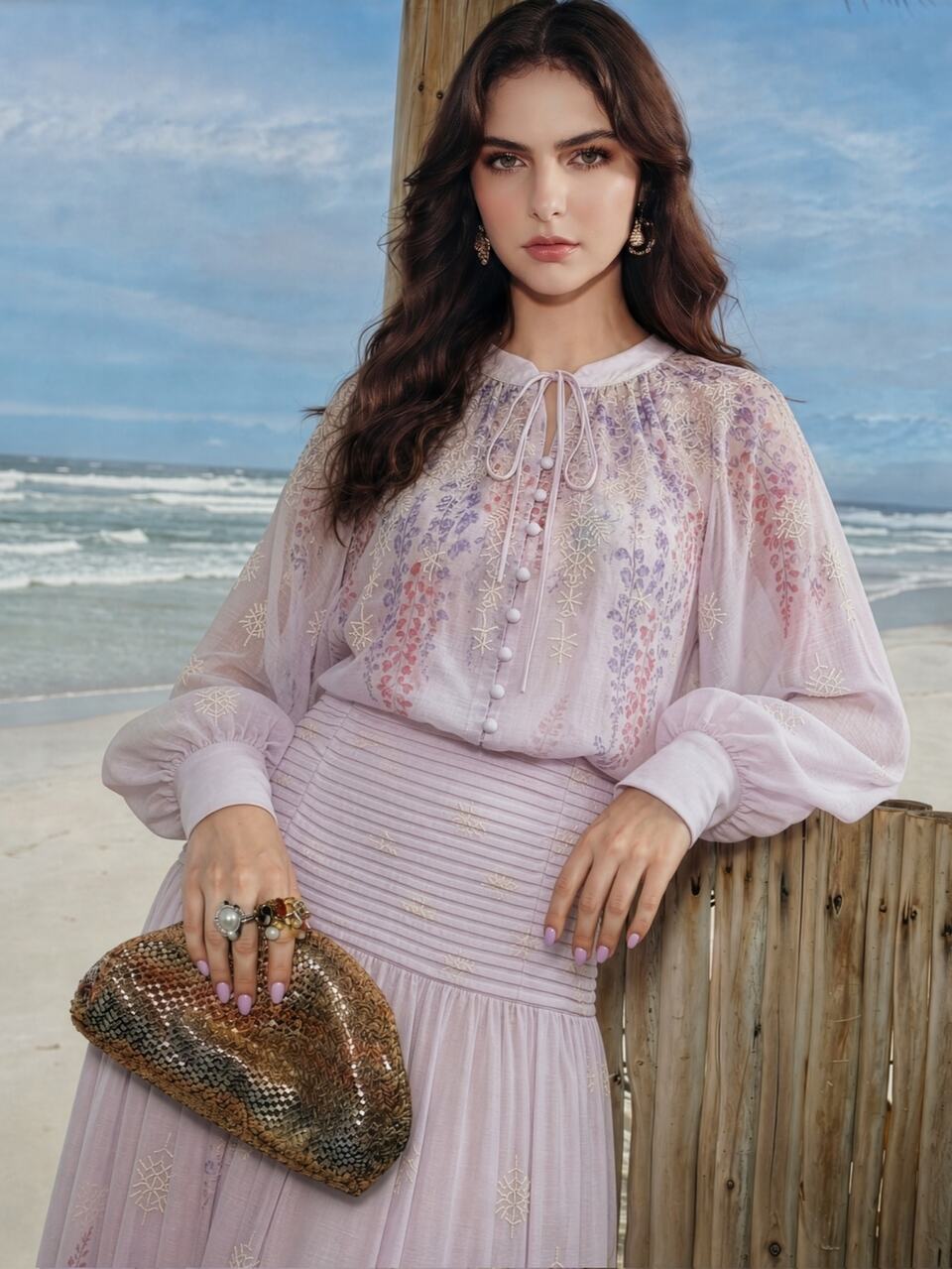 Anewsta Bohemian Vacation Style Elegant Casual Versatile Floral Print Heavy Embroidery Long Sleeve Open Front Women's Shirt + High Waist Slimming Pleated A-Line Full Skirt Long Women's Skirt 2-Piece Set