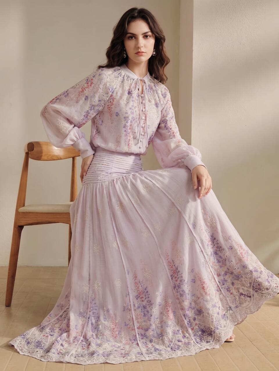 Anewsta Bohemian Vacation Style Elegant Casual Versatile Floral Print Heavy Embroidery Long Sleeve Open Front Women's Shirt + High Waist Slimming Pleated A-Line Full Skirt Long Women's Skirt 2-Piece Set