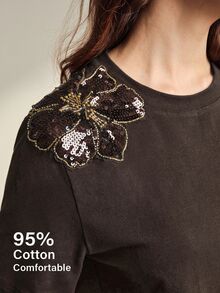 Anewsta Spring Summer Autumn Women's Elegant Beaded Embroidered 95% Cotton Coffee Brown Short Sleeve Round Neck Fitted T-Shirt, Versatile For Daily Wear - Coffee Brown - View 4