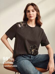 Anewsta Spring Summer Autumn Women's Elegant Beaded Embroidered 95% Cotton Coffee Brown Short Sleeve Round Neck Fitted T-Shirt, Versatile For Daily Wear - Coffee Brown - View 7