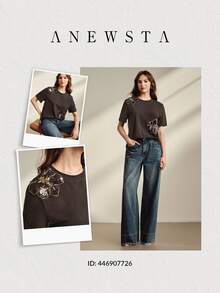 Anewsta Spring Summer Autumn Women's Elegant Beaded Embroidered 95% Cotton Coffee Brown Short Sleeve Round Neck Fitted T-Shirt, Versatile For Daily Wear - Coffee Brown - View 5