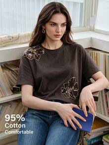 Anewsta Spring Summer Autumn Women's Elegant Beaded Embroidered 95% Cotton Coffee Brown Short Sleeve Round Neck Fitted T-Shirt, Versatile For Daily Wear - Coffee Brown - View 8