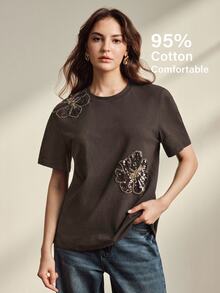 Anewsta Spring Summer Autumn Women's Elegant Beaded Embroidered 95% Cotton Coffee Brown Short Sleeve Round Neck Fitted T-Shirt, Versatile For Daily Wear - Coffee Brown - View 3