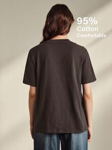 Anewsta Spring Summer Autumn Women's Elegant Beaded Embroidered 95% Cotton Coffee Brown Short Sleeve Round Neck Fitted T-Shirt, Versatile For Daily Wear - Coffee Brown - View 2