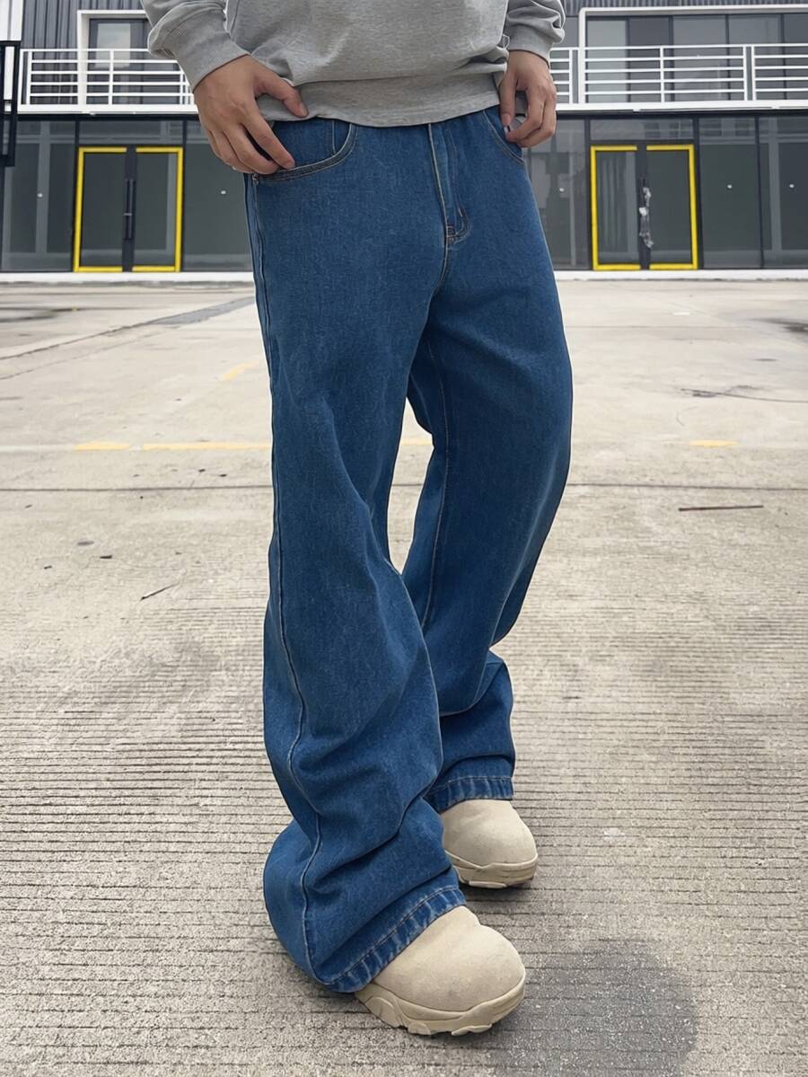 Manfinity Roghcode Men Slant Pocket Flare Leg Jeans Without Belt - Blue - View 1