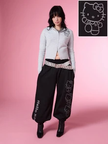 HELLO KITTY AND FRIENDS | COUREZ 女款寬鬆印花運動長褲 Y2K 秋季休閒黑色街頭風長褲 - 黑色 - 查看 2