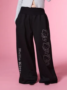 HELLO KITTY AND FRIENDS | COUREZ 女款寬鬆印花運動長褲 Y2K 秋季休閒黑色街頭風長褲 - 黑色 - 查看 1