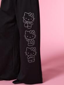 HELLO KITTY AND FRIENDS | COUREZ 女款寬鬆印花運動長褲 Y2K 秋季休閒黑色街頭風長褲 - 黑色 - 查看 6