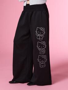 HELLO KITTY AND FRIENDS | COUREZ 女款寬鬆印花運動長褲 Y2K 秋季休閒黑色街頭風長褲 - 黑色 - 查看 5