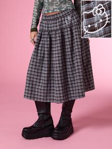 HELLO KITTY AND FRIENDS | COUREZ 女款中長格紋印花裙，Y2K 街頭風電音派對秋季下身裙 - 黑色 - 查看 2