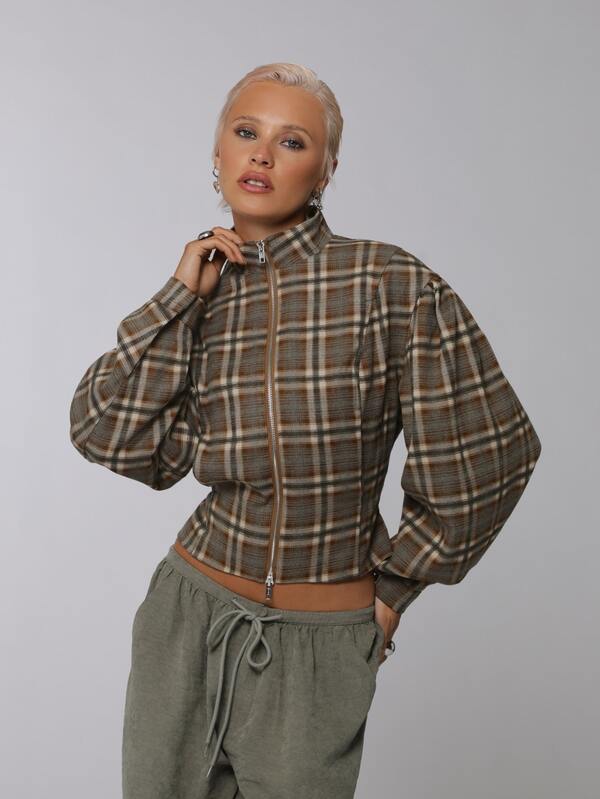 COUREZ Check Boxy Bomber Jacket /Y2K Fall Bomber Jacket For Women Night Out Autumn Outfits For Women Brown Coat Brown Jacket Crop