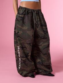 HELLO KITTY AND FRIENDS | COUREZ Baggy Balloon Jeans In Washed Camo / Y2K Fall Clothes For Women Winter Clothes For Women Denim Pants For Women Drawstring Sweatpants - Army Green - View 1