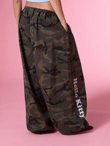 HELLO KITTY AND FRIENDS | COUREZ Baggy Balloon Jeans In Washed Camo / Y2K Fall Clothes For Women Winter Clothes For Women Denim Pants For Women Drawstring Sweatpants - Army Green - View 8