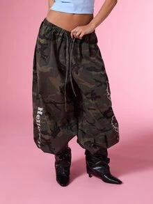 HELLO KITTY AND FRIENDS | COUREZ Baggy Balloon Jeans In Washed Camo / Y2K Fall Clothes For Women Winter Clothes For Women Denim Pants For Women Drawstring Sweatpants - Army Green - View 9
