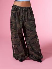 HELLO KITTY AND FRIENDS | COUREZ Baggy Balloon Jeans In Washed Camo / Y2K Fall Clothes For Women Winter Clothes For Women Denim Pants For Women Drawstring Sweatpants - Army Green - View 5