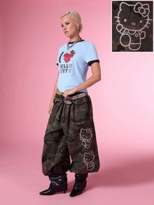 HELLO KITTY AND FRIENDS | COUREZ Baggy Balloon Jeans In Washed Camo / Y2K Fall Clothes For Women Winter Clothes For Women Denim Pants For Women Drawstring Sweatpants - Army Green - View 2