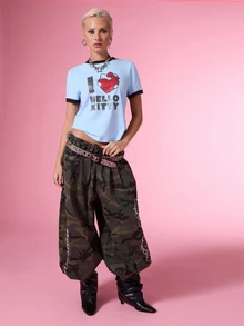 HELLO KITTY AND FRIENDS | COUREZ Baggy Balloon Jeans In Washed Camo / Y2K Fall Clothes For Women Winter Clothes For Women Denim Pants For Women Drawstring Sweatpants - Army Green - View 11