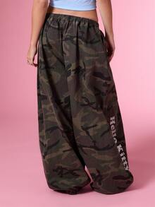 HELLO KITTY AND FRIENDS | COUREZ Baggy Balloon Jeans In Washed Camo / Y2K Fall Clothes For Women Winter Clothes For Women Denim Pants For Women Drawstring Sweatpants - Army Green - View 3