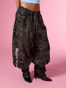 HELLO KITTY AND FRIENDS | COUREZ Baggy Balloon Jeans In Washed Camo / Y2K Fall Clothes For Women Winter Clothes For Women Denim Pants For Women Drawstring Sweatpants - Army Green - View 12